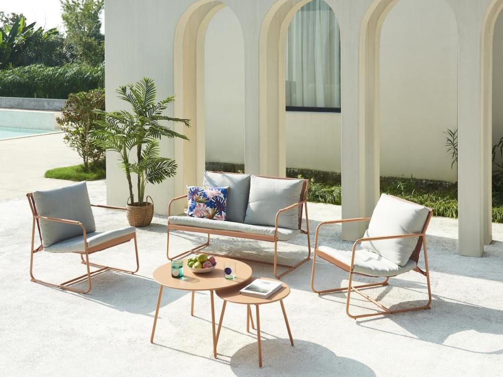 Conjunto De Jardín De Acero: 1 Sofá De 2 Plazas 2 Sillones Y 2 Mesas Bajas - Naranja Y Cojines Grises - LASIMO De MYLIA