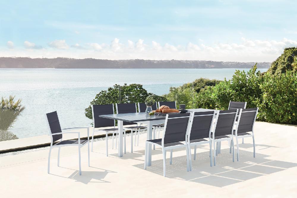 Conjunto de jardín extensible aluminio + 10 asientos textileno blanco AREZZO