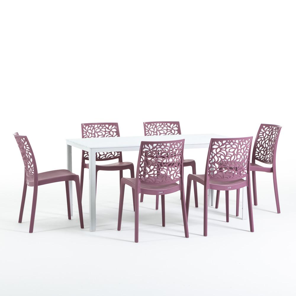 Conjunto de jardín Mesa Thomas blanca en acero y polietileno + 6 sillas Anna en polipropileno malva