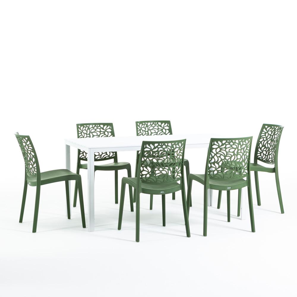 Conjunto de jardín Mesa Thomas blanca en acero y polietileno + 6 sillas Anna en polipropileno verde oliva