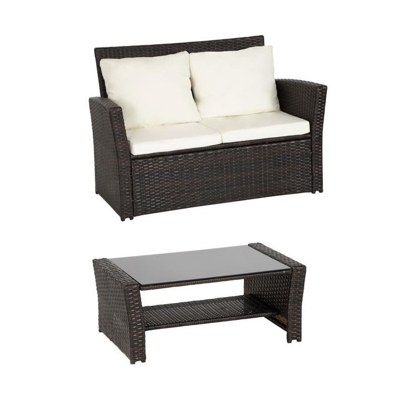 Conjunto De Jardín SINTRA En Resina Trenzada Marrón 4 Plazas Cojines Crema