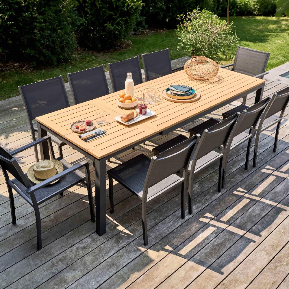 Conjunto de mesa de jardín eucalipto 180/240 cm con 10 sillas