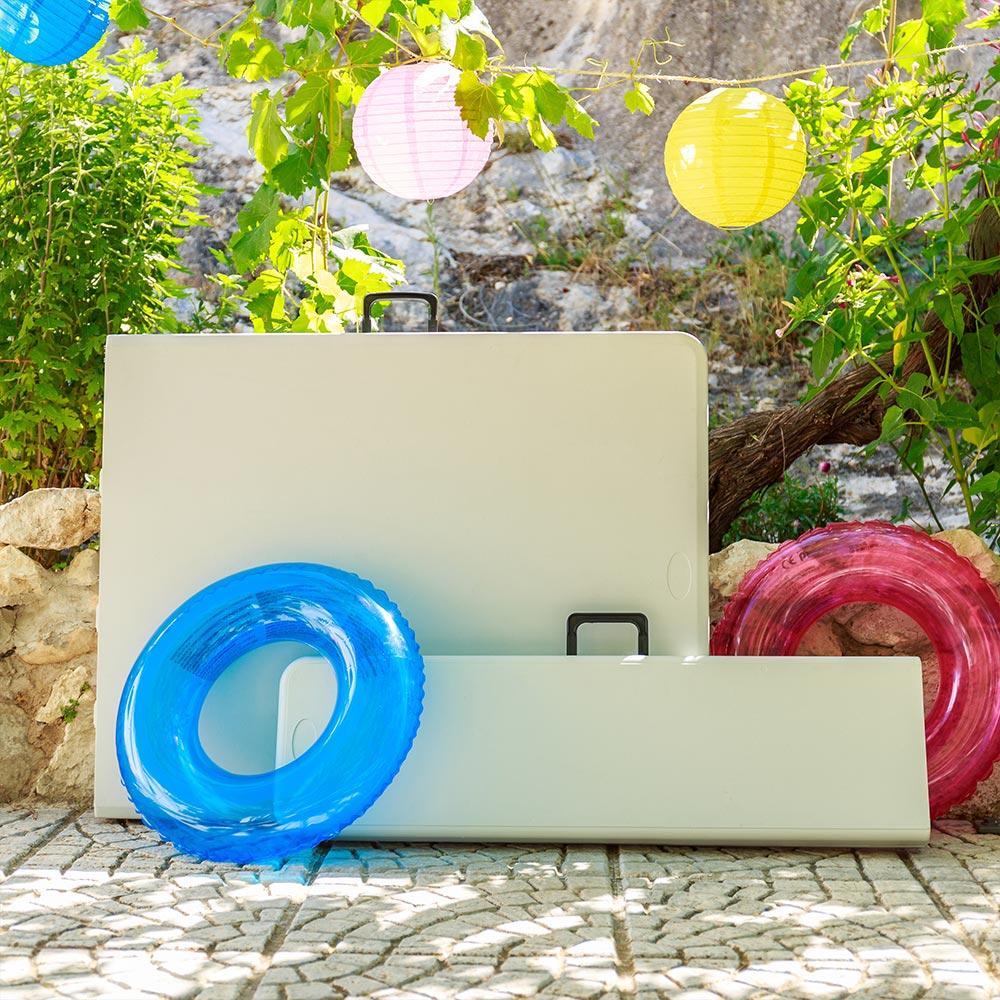 Conjunto De Mesa Rectangular Y 2 Bancos Caballete De Jardín Plegables Para Catering De Plástico HDPE Blanco Y Acero Gris