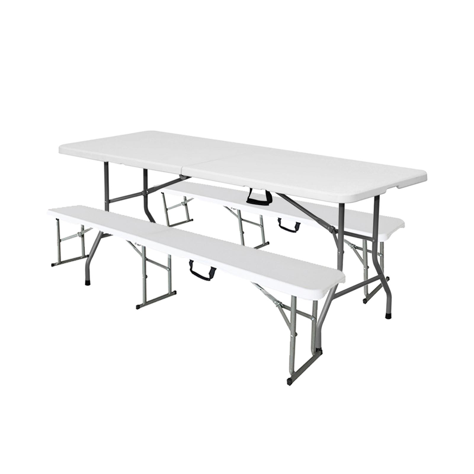 Conjunto De Mesa Rectangular Y 2 Bancos Caballete De Jardín Plegables Para Catering De Plástico HDPE Blanco Y Acero Gris
