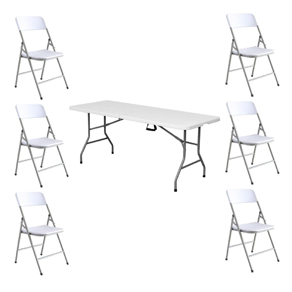 Conjunto De Mesa Rectangular Y 6 Sillas De Jardín Plegables Para Catering De Plástico HDPE Blanco Y Acero Gris