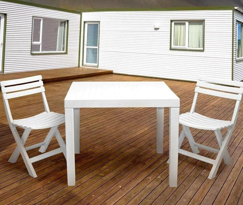 Conjunto de mesa y 2 sillas plegables de resina blanca con efecto listón Club