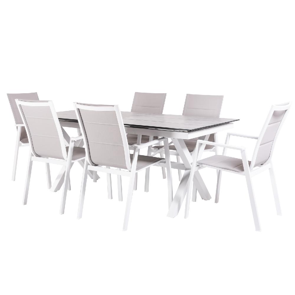 Conjunto de mesas y sillas acolchadas de terraza Mesa extensible 180 a 240 cm Blanco