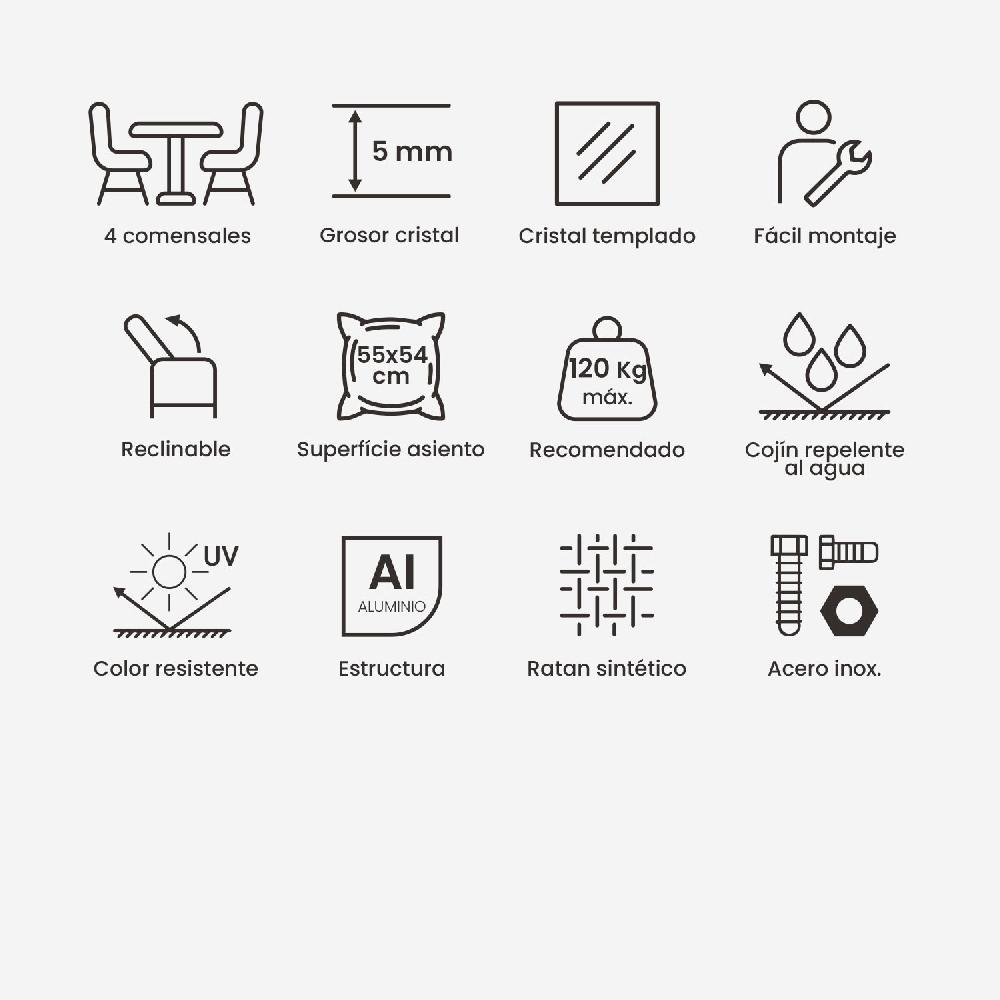 Conjunto De Mesas Y Sillas Para Terraza Reclinable Aluminio Y Ratán Sintético Plano Color Gris Claro Mesa:140x80x74 Sillon:63x67x120