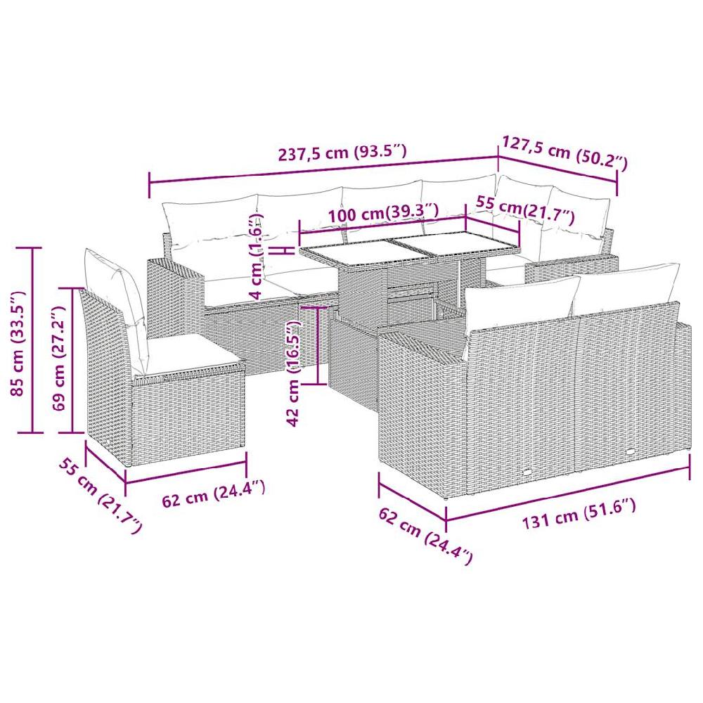 Conjunto De Muebles De Jardín Con Cojines 9 Piezas Mimbre Resina Marrón VidaXL