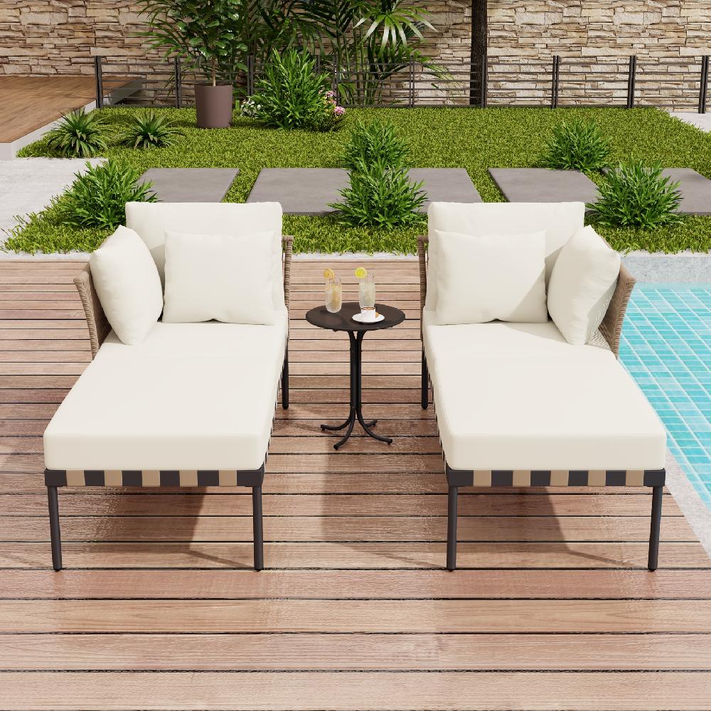 Conjunto De Muebles De Jardín De 2 Plazas Con 1 Mesa De Centro - Daybed De Exterior - Ratán + Metal + Cuerda Trenzada - Beige