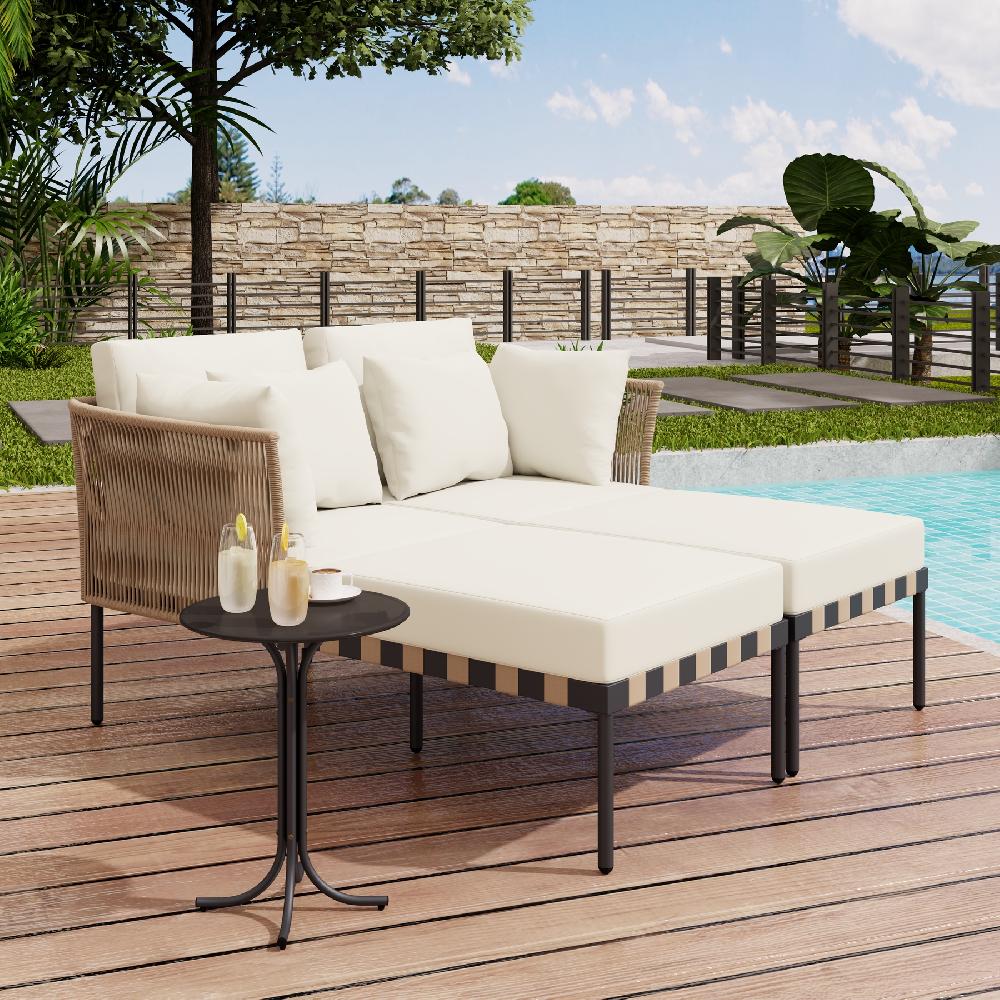 Conjunto De Muebles De Jardín De 2 Plazas Con 1 Mesa De Centro - Daybed De Exterior - Ratán + Metal + Cuerda Trenzada - Beige