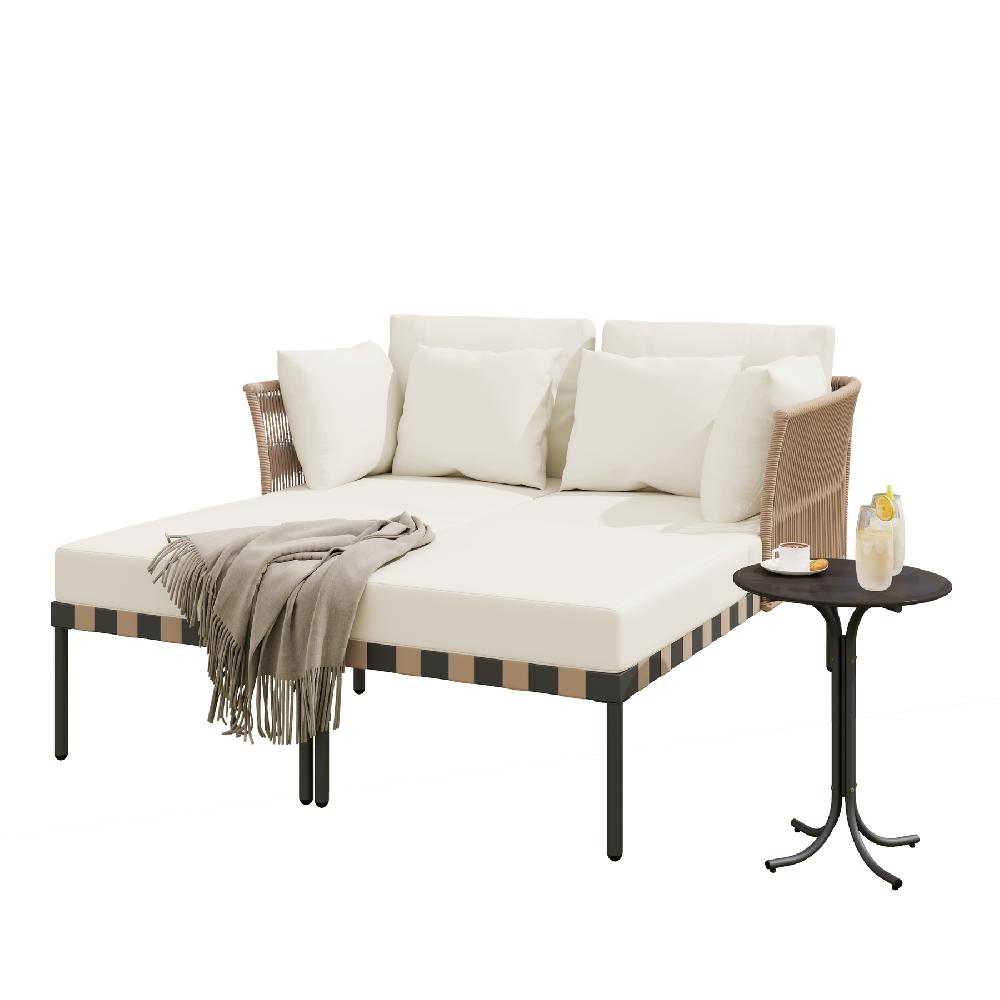 Conjunto De Muebles De Jardín De 2 Plazas Con 1 Mesa De Centro - Daybed De Exterior - Ratán + Metal + Cuerda Trenzada - Beige