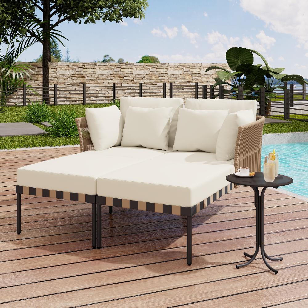 Conjunto De Muebles De Jardín De 2 Plazas Con 1 Mesa De Centro - Daybed De Exterior - Ratán + Metal + Cuerda Trenzada - Beige