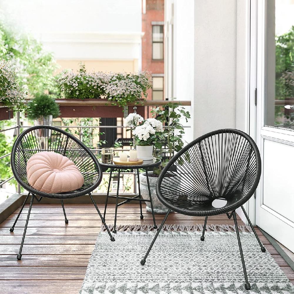 Conjunto De Muebles De Jardín De 3 Piezas Sillas Acapulco Y Mesa Con Tapa De Cristal Asientos De Exterior E Interior Negro