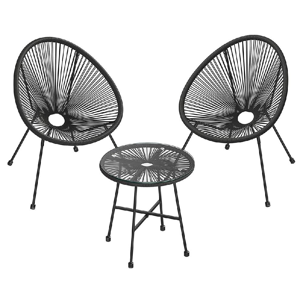 Conjunto de muebles de jardín de 3 piezas sillas acapulco y mesa con tapa de cristal asientos de exterior e interior negro