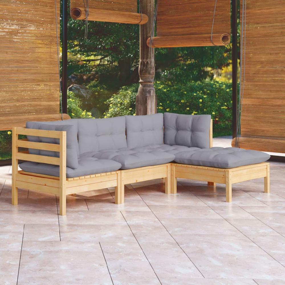 Conjunto de muebles de jardín de 4 piezas vidaXL con cojines grises de madera de pino