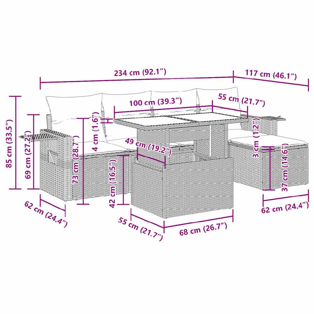Conjunto De Muebles De Jardín De 6 Piezas Con Cojines De Mimbre De Resina Gris VidaXL