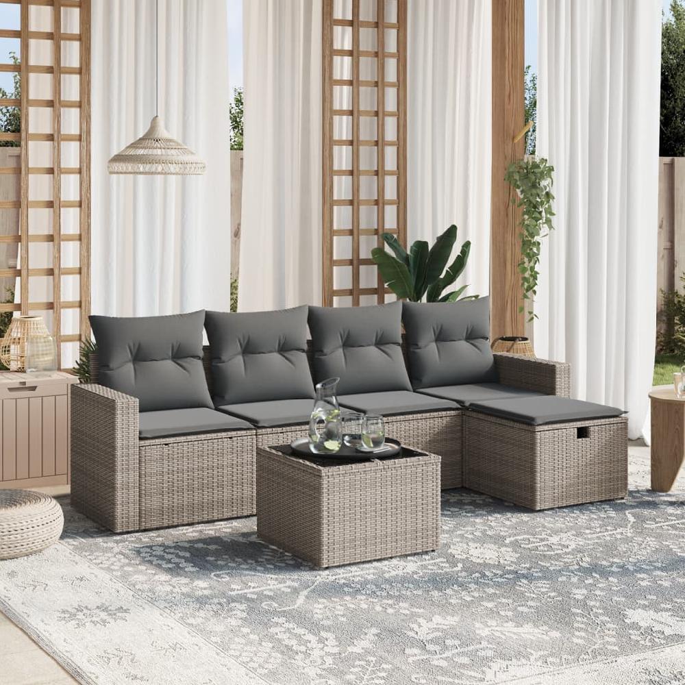 Conjunto de muebles de jardín de 6 piezas con cojines de mimbre de resina gris vidaXL