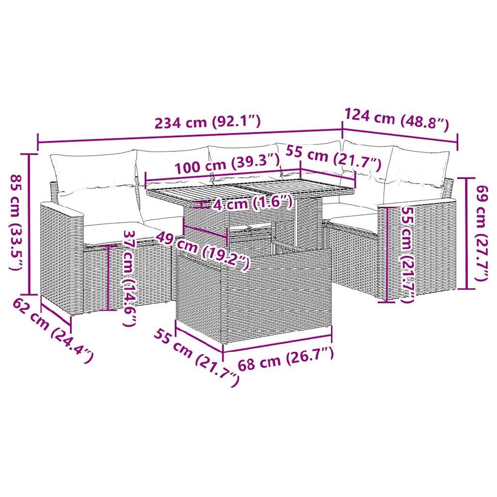 Conjunto De Muebles De Jardín De 6 Piezas VidaXL Con Cojines Negros De Mimbre De Resina De Acacia