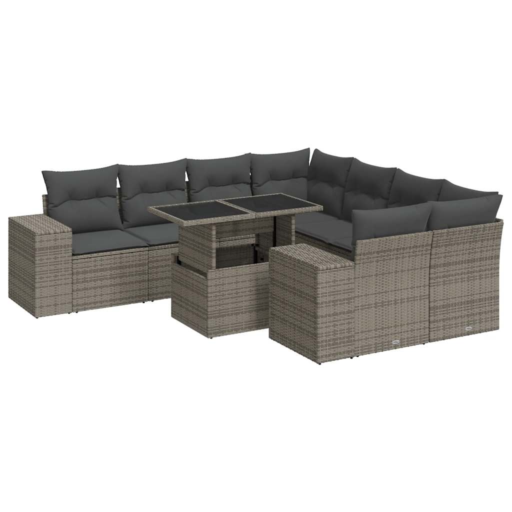 Conjunto De Muebles De Jardín De 9 Piezas Con Cojines De Mimbre De Resina Gris VidaXL
