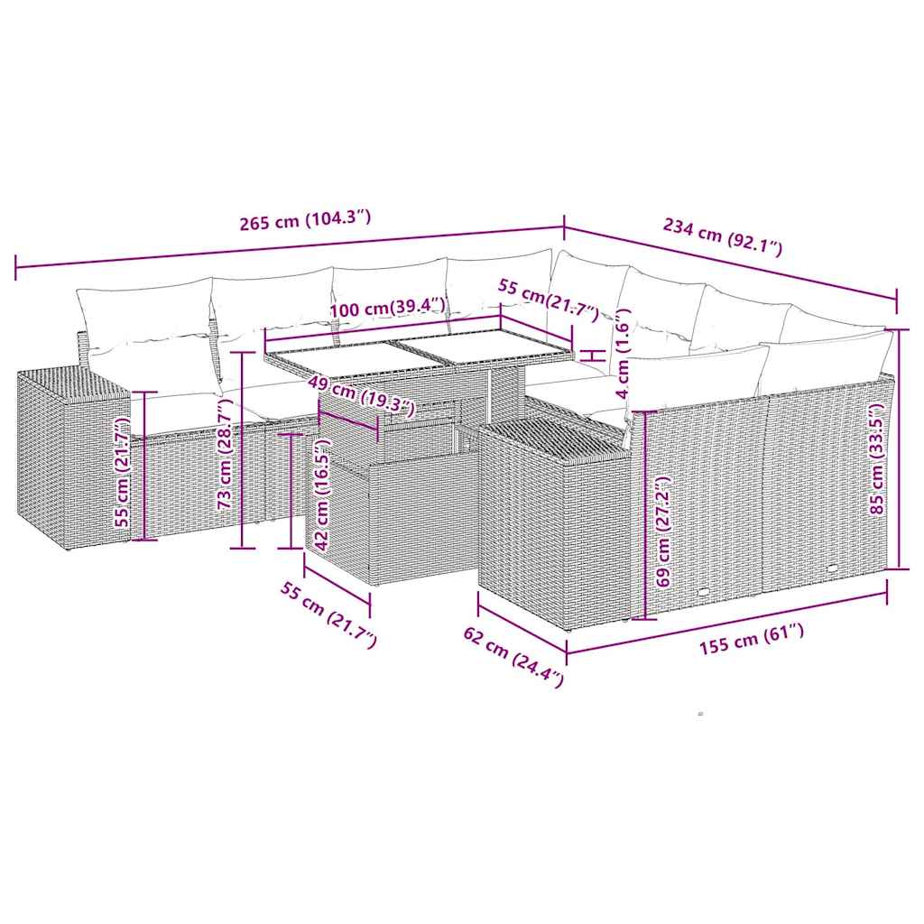 Conjunto De Muebles De Jardín De 9 Piezas Con Cojines De Mimbre De Resina Gris VidaXL