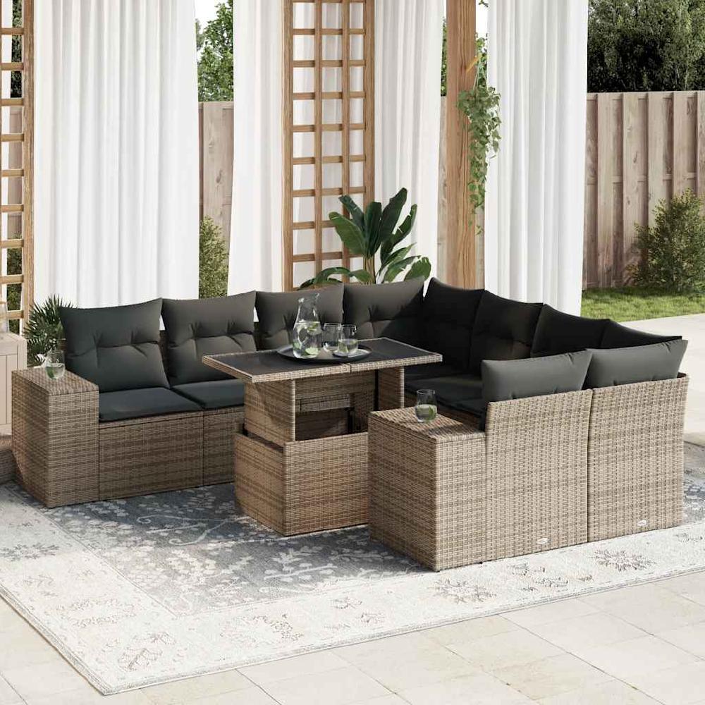 Conjunto de muebles de jardín de 9 piezas con cojines de mimbre de resina gris vidaXL