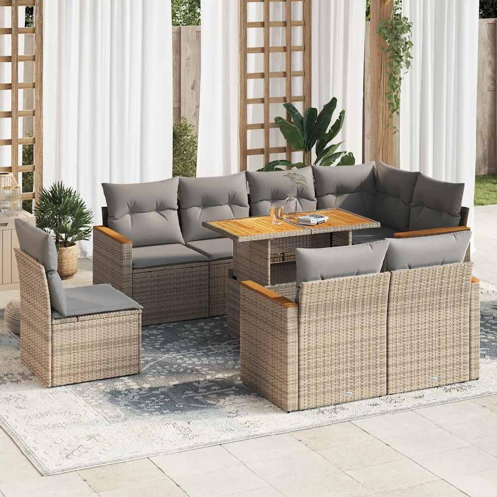 Conjunto de muebles de jardín de 9 piezas de mimbre de resina de acacia beige con cojines vidaXL