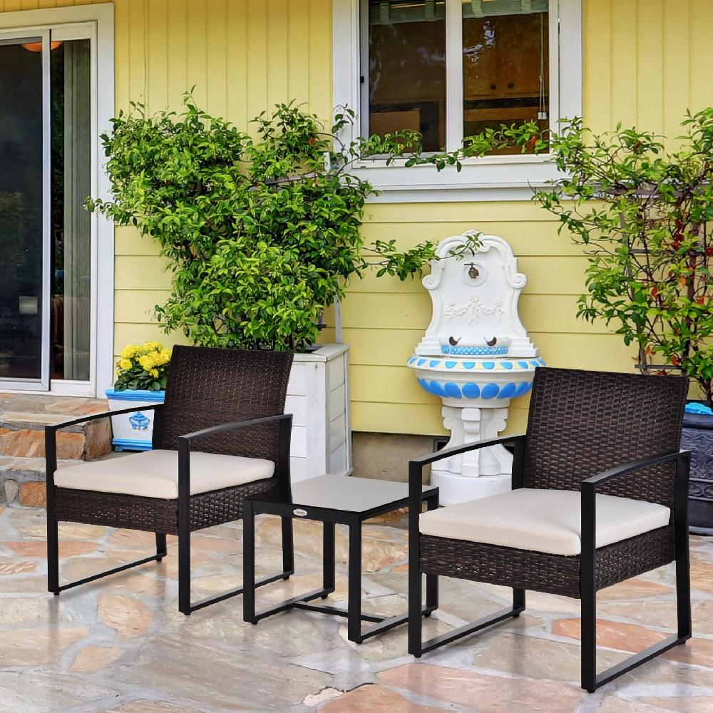 Conjunto De Muebles De Jardín OUTSUNNY Ratán PE Metal Vidrio Templado Y Poliéster Marrón 63x57x76 Cm 863-012BN