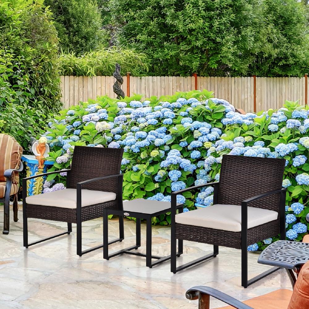 Conjunto De Muebles De Jardín OUTSUNNY Ratán PE Metal Vidrio Templado Y Poliéster Marrón 63x57x76 Cm 863-012BN