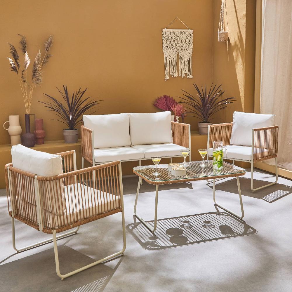 Conjunto De Muebles De Jardín Ratán Y Acero De 4 Plazas Cesena Natural 115x60x68 Cm