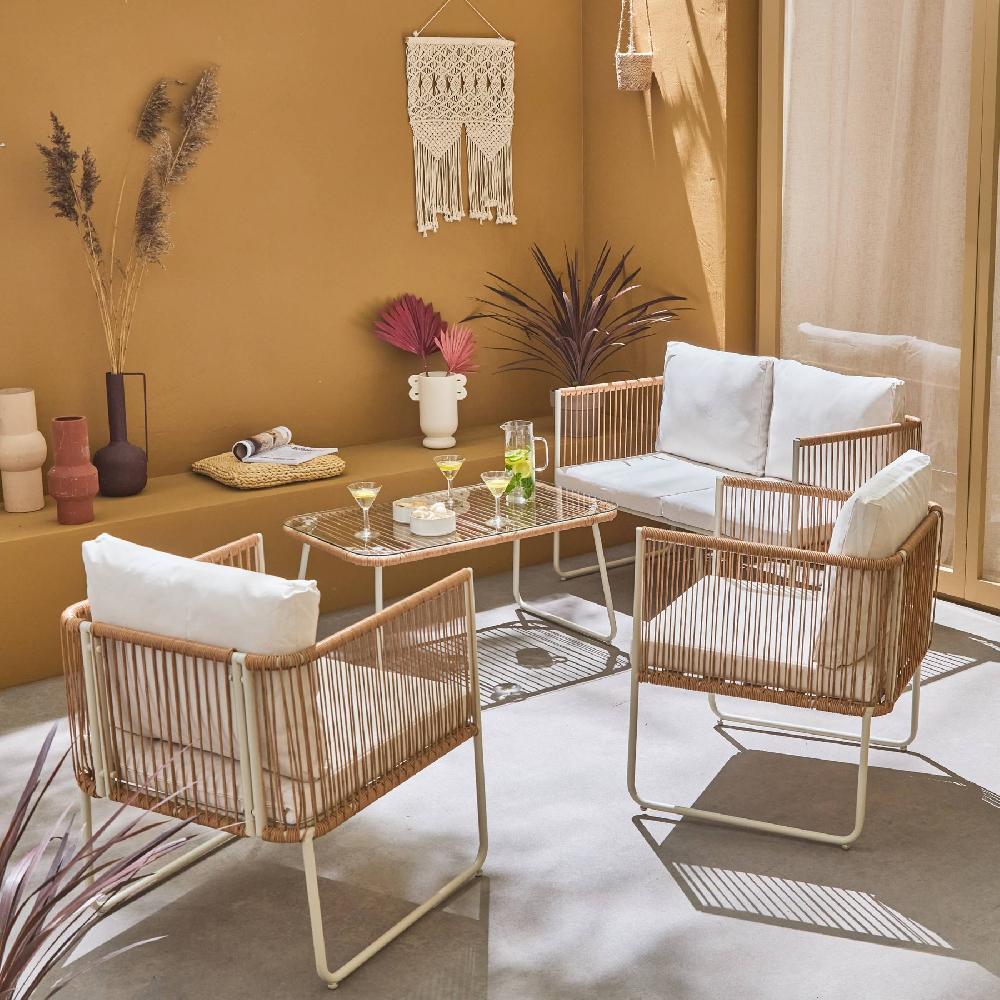 Conjunto De Muebles De Jardín Ratán Y Acero De 4 Plazas Cesena Natural 115x60x68 Cm