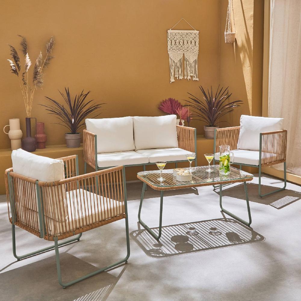 Conjunto De Muebles De Jardín Ratán Y Acero De 4 Plazas Cesena Verde Kaki 115x60x68 Cm