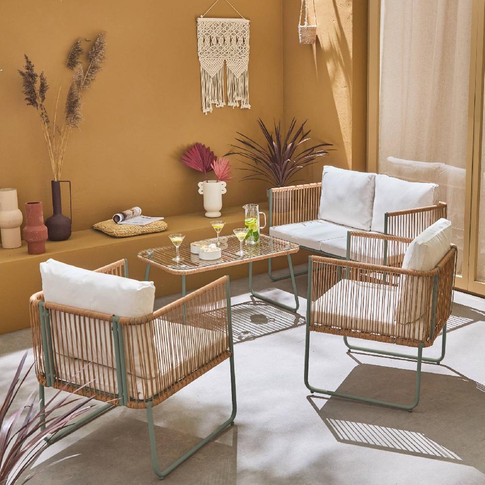 Conjunto De Muebles De Jardín Ratán Y Acero De 4 Plazas Cesena Verde Kaki 115x60x68 Cm