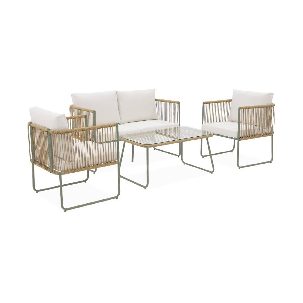 Conjunto de muebles de jardín ratán y acero de 4 plazas Cesena Verde kaki 115x60x68 cm