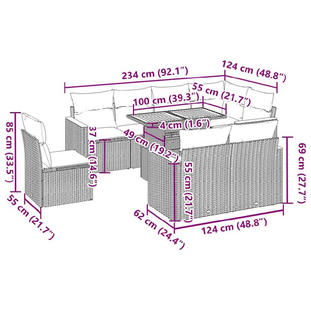 Conjunto De Muebles De Jardín VidaXL De 9 Piezas Con Cojines De Mimbre De Resina De Acacia Negra