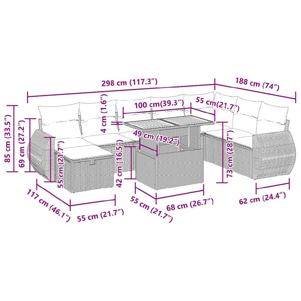 Conjunto De Muebles De Jardín VidaXL De 9 Piezas Con Cojines De Mimbre De Resina De Acacia Negra