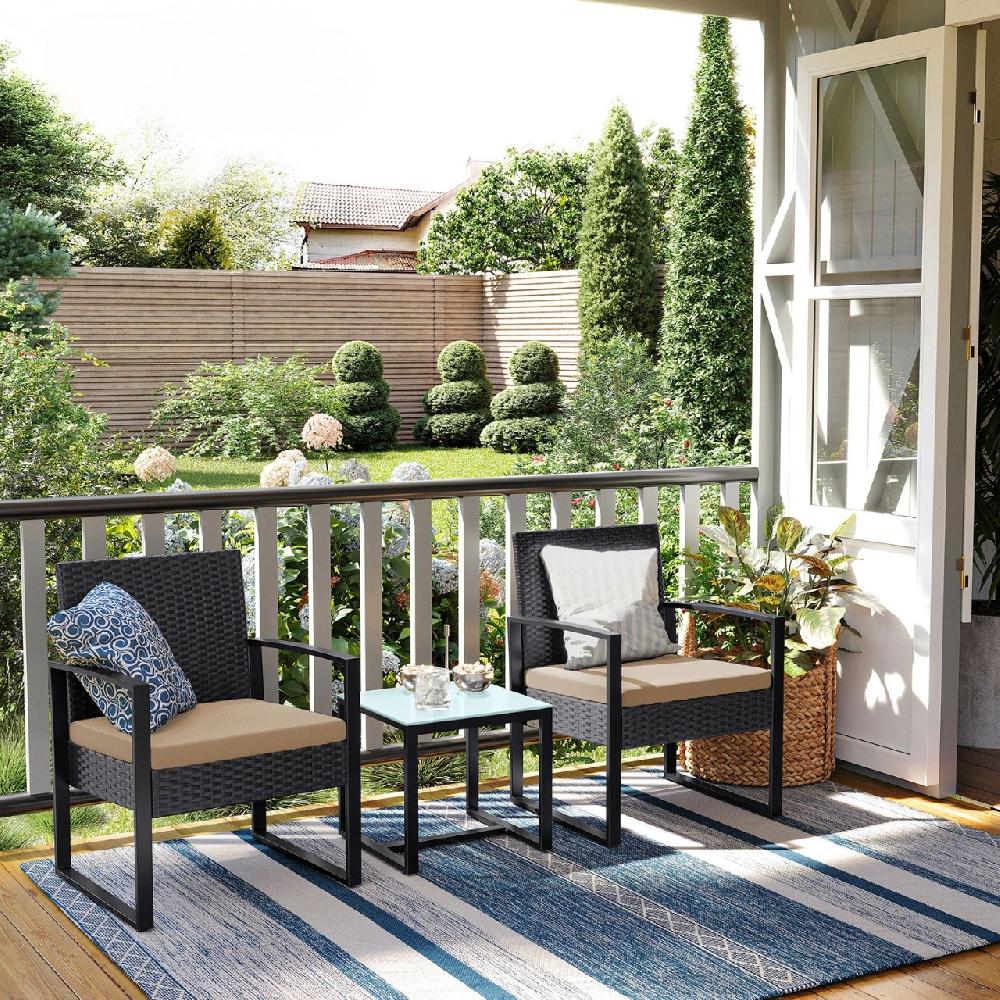 Conjunto De Muebles De Ratán Para Jardín De 3 Piezas Incluye 2 Sillas Y 1 Mesa De Centro Perfecto Para Balcón Y Terraza Negro Y Beige