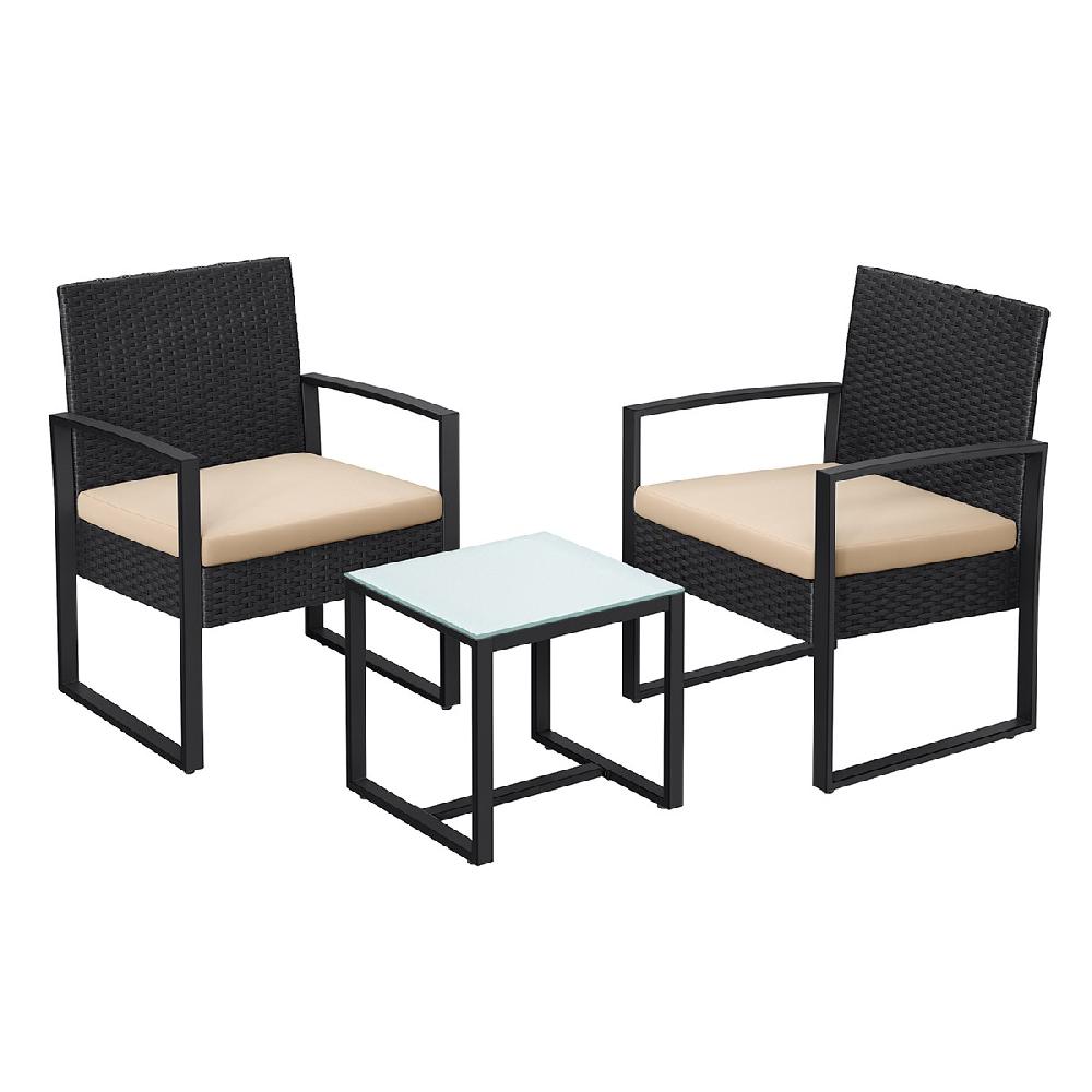 Conjunto de muebles de ratán para jardín de 3 piezas incluye 2 sillas y 1 mesa de centro perfecto para balcón y terraza negro y beige