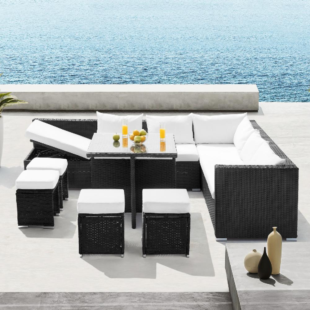 Conjunto de muebles empotrados de jardín de 10 plazas de resina tejida negra SAMOA