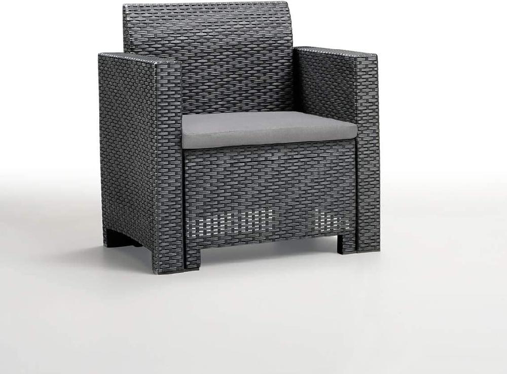 Conjunto De Salón De 4 Plazas De Resina Antracita "NEBRASKA 2" Con Cojines 1 Sofá 2 Sillones Y 1 Mesa Contenedor