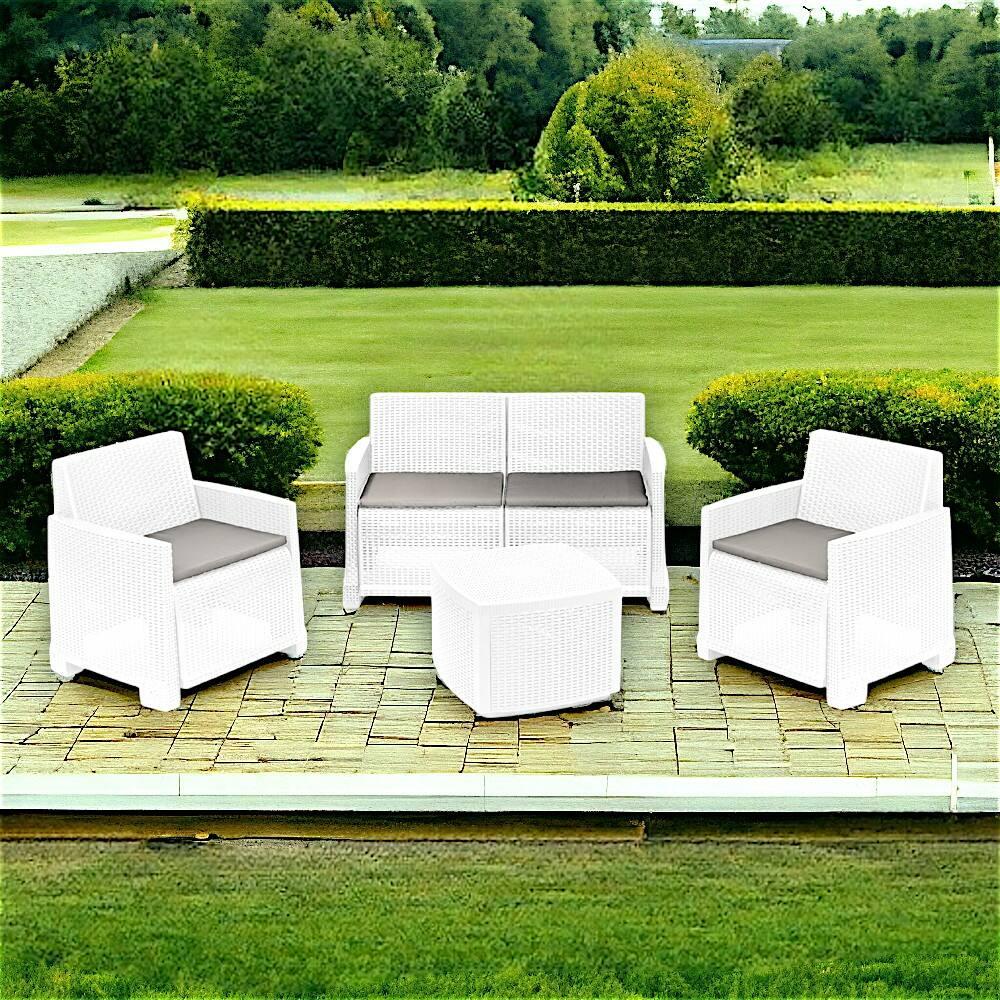 Conjunto De Salón De Exterior Dbalestrer Composición De Jardín Con 2 Sillones 1 Sofá Y 1 Mesa Contenedor Efecto Rattan Con Cojines Blanco