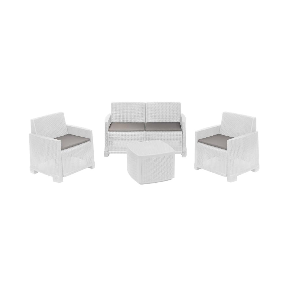 Conjunto De Salón De Exterior Dbalestrer Composición De Jardín Con 2 Sillones 1 Sofá Y 1 Mesa Contenedor Efecto Rattan Con Cojines Blanco