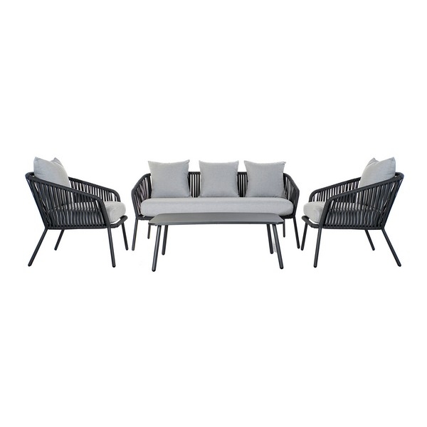 Conjunto De Sofá Y Mesa DKD Home Decor MB-179039 Gris Jardín Poliéster Cuerda Aluminio (151 5 X 72 X 70 Cm) (4 Pcs)