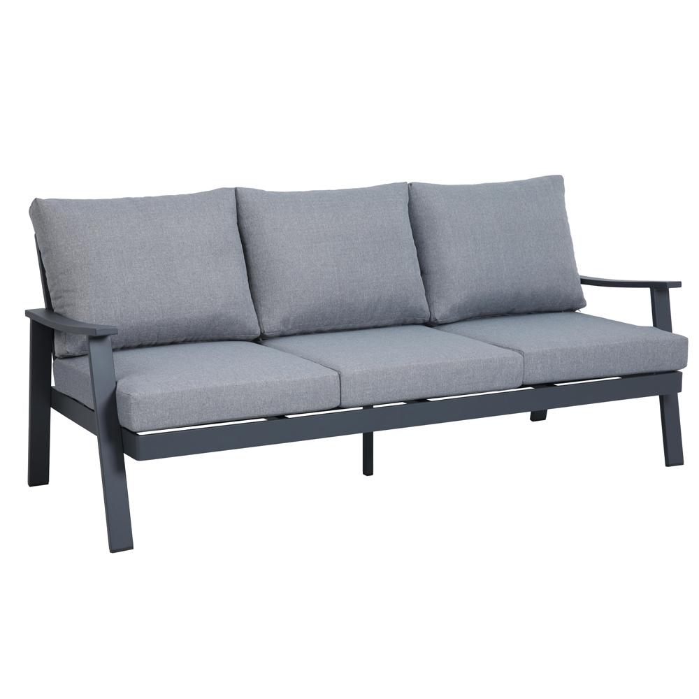 Conjunto GUARDAMAR 4 Piezas. Alum. Gris Antracita C/ Respaldo Y Asiento En Tejido Gris. Mesita C/cristal