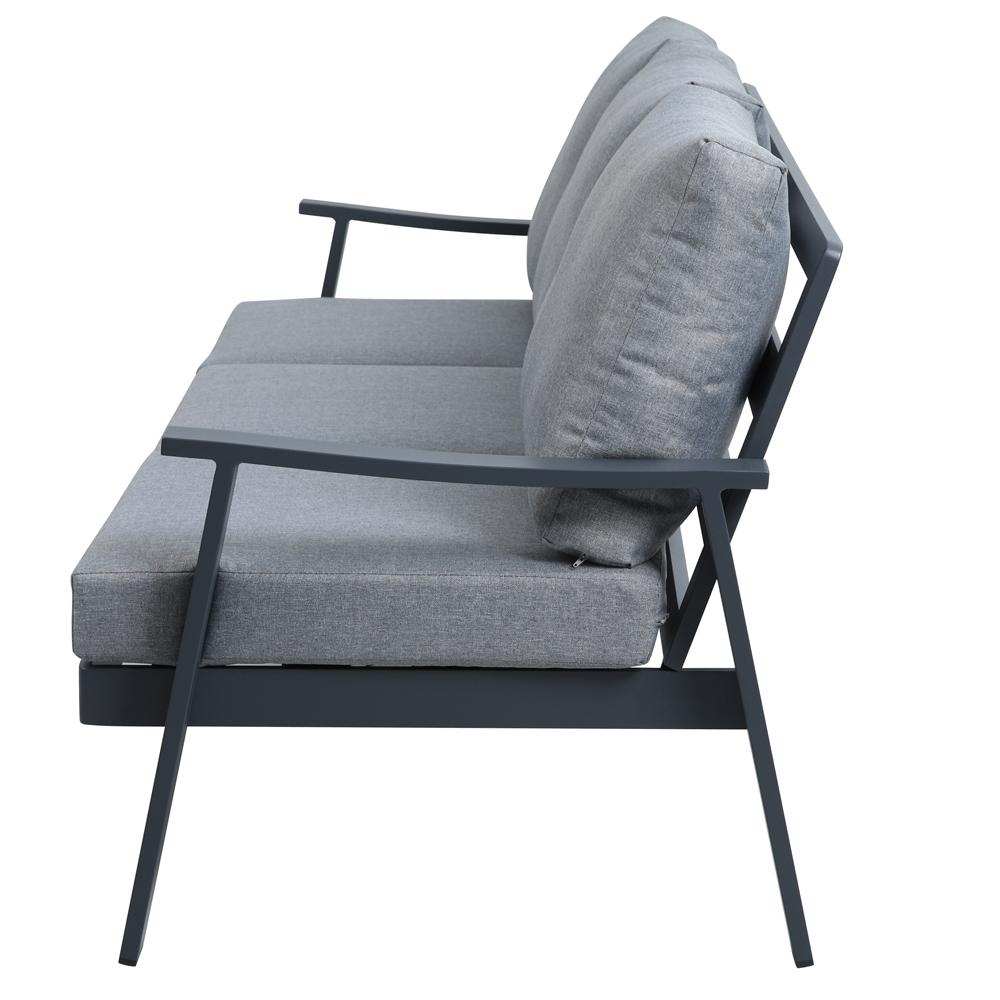 Conjunto GUARDAMAR 4 Piezas. Alum. Gris Antracita C/ Respaldo Y Asiento En Tejido Gris. Mesita C/cristal