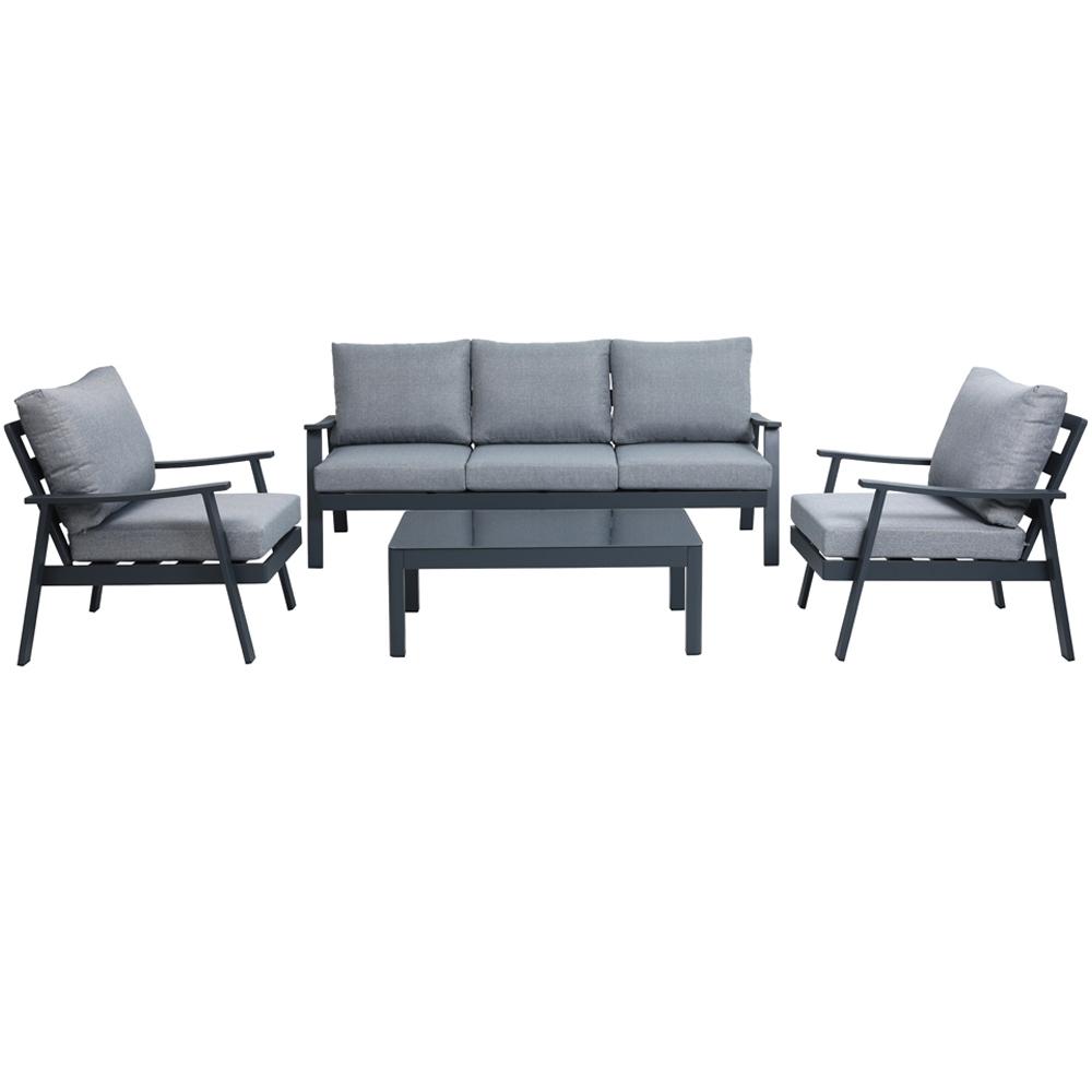 Conjunto GUARDAMAR 4 piezas. Alum. gris antracita c/ respaldo y asiento en tejido gris. Mesita c/cristal