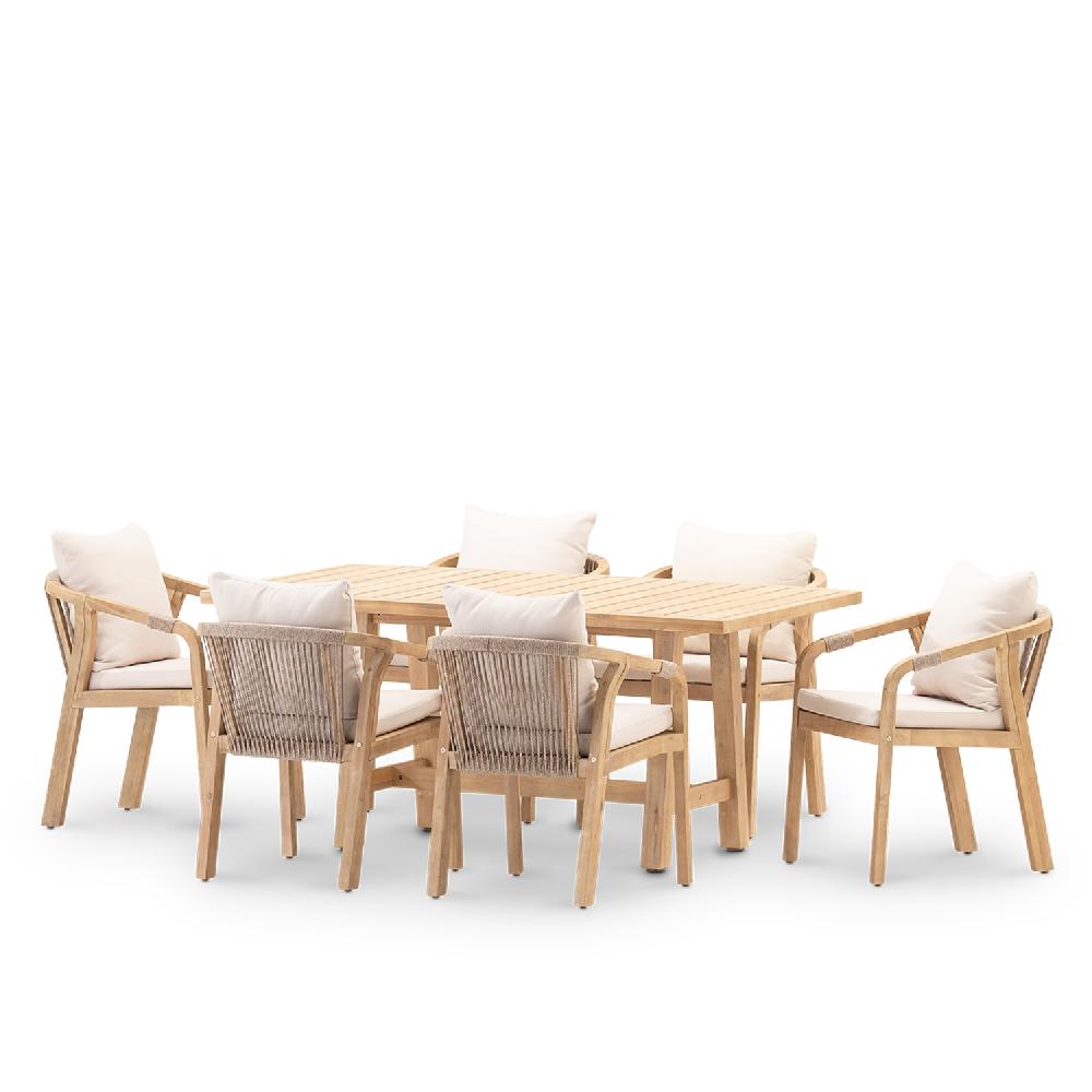 Conjunto mesa 170x90cm y sillas jardín 6 plazas madera y cuerda - Siena