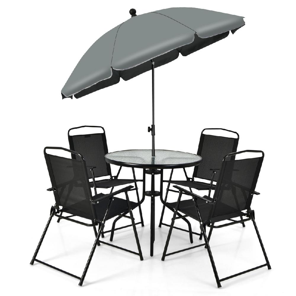 Conjunto Mesa 4 Sillas Plegables Cristal Templado Sombrilla Juego Comedor 6 Piezas Jardín Negro CSW456177
