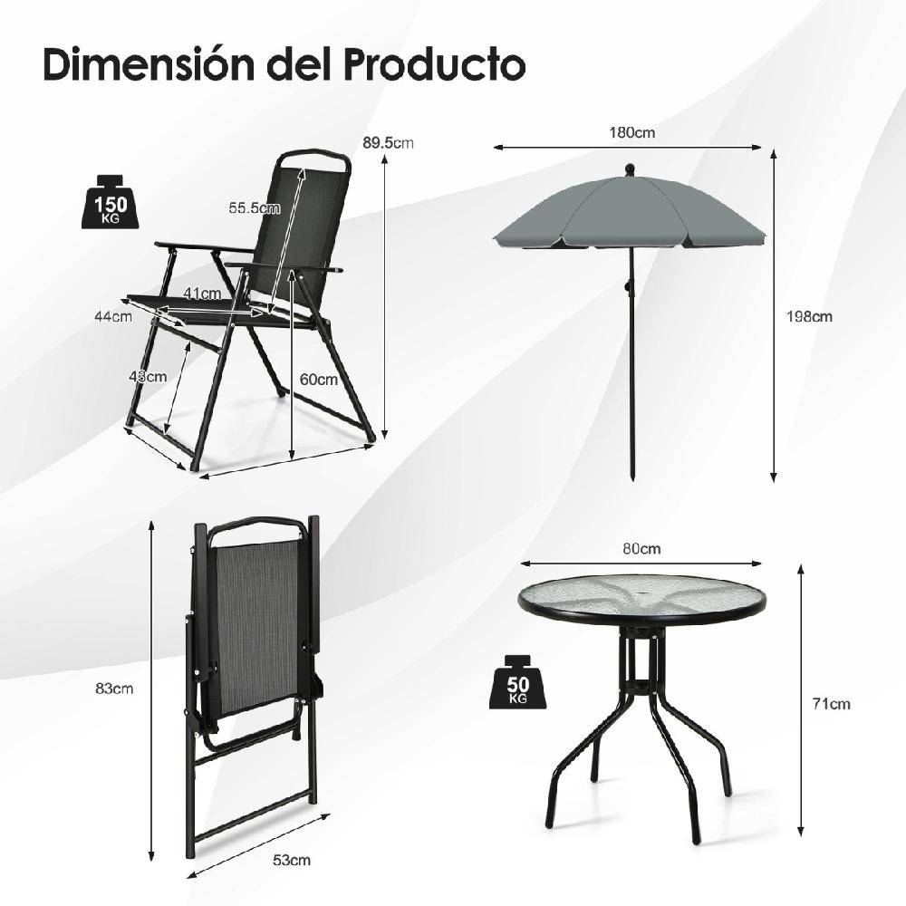 Conjunto Mesa 4 Sillas Plegables Cristal Templado Sombrilla Juego Comedor 6 Piezas Jardín Negro CSW456177