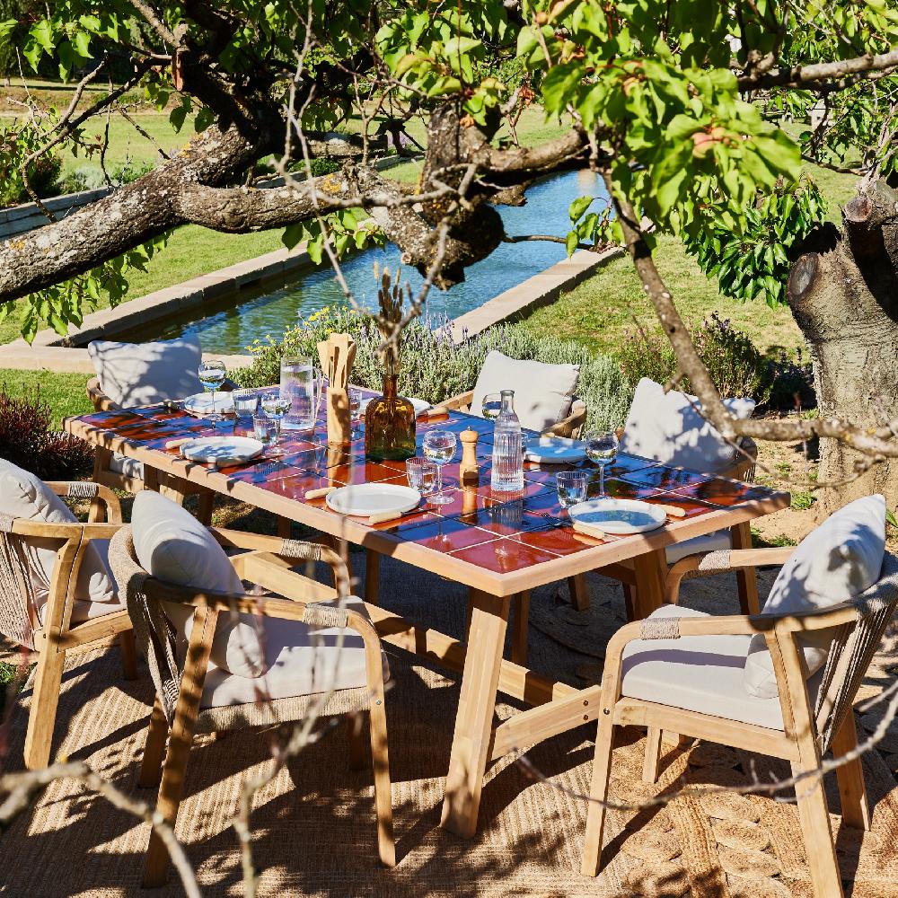 Conjunto Mesa Cerámica Terracota 205x105 Y 6 Sillas Cuerda Beige - Bisbal & Siena